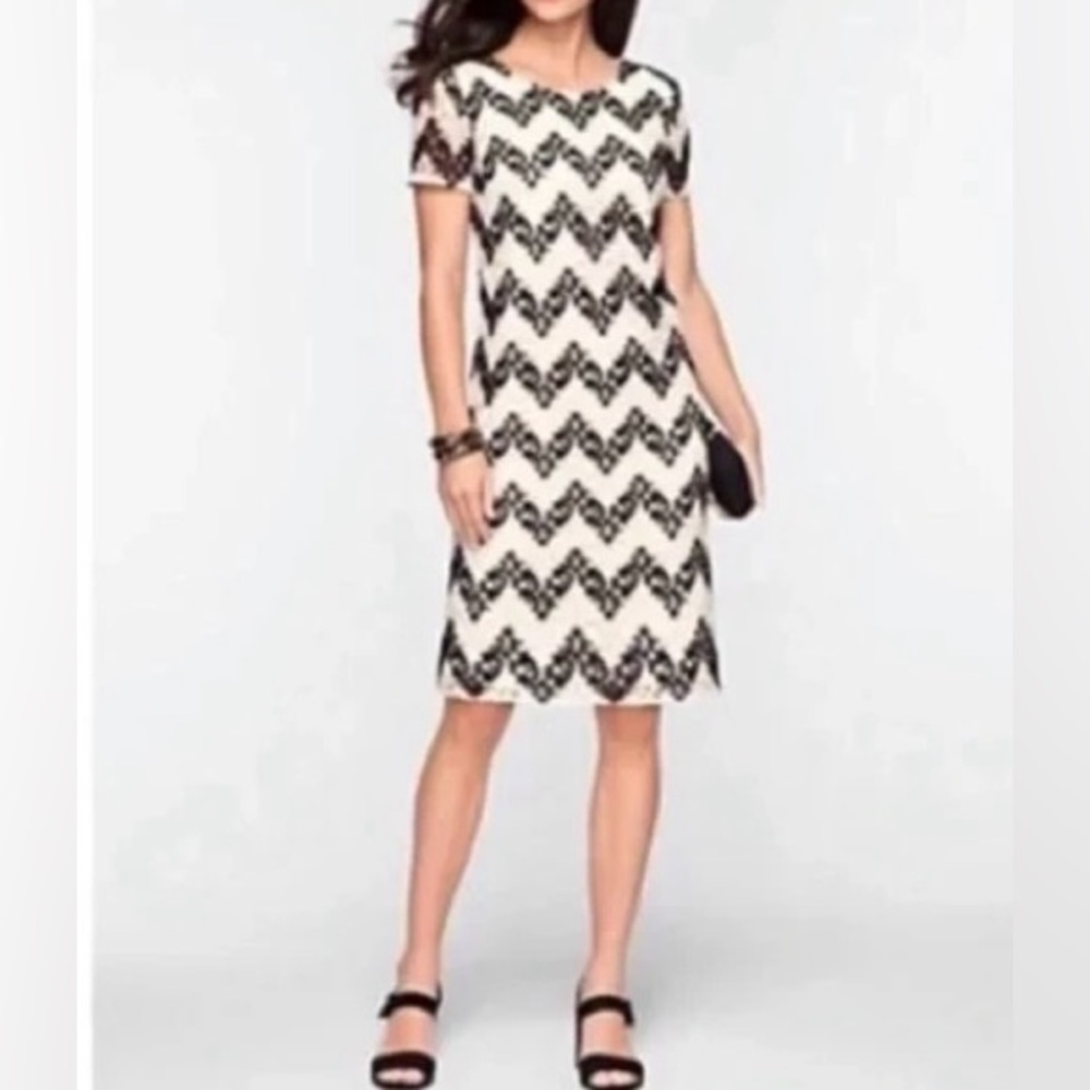 Talbots-Crochet Sheath Dress‎ Classic Chevron  Cream Black Lined Sz 10